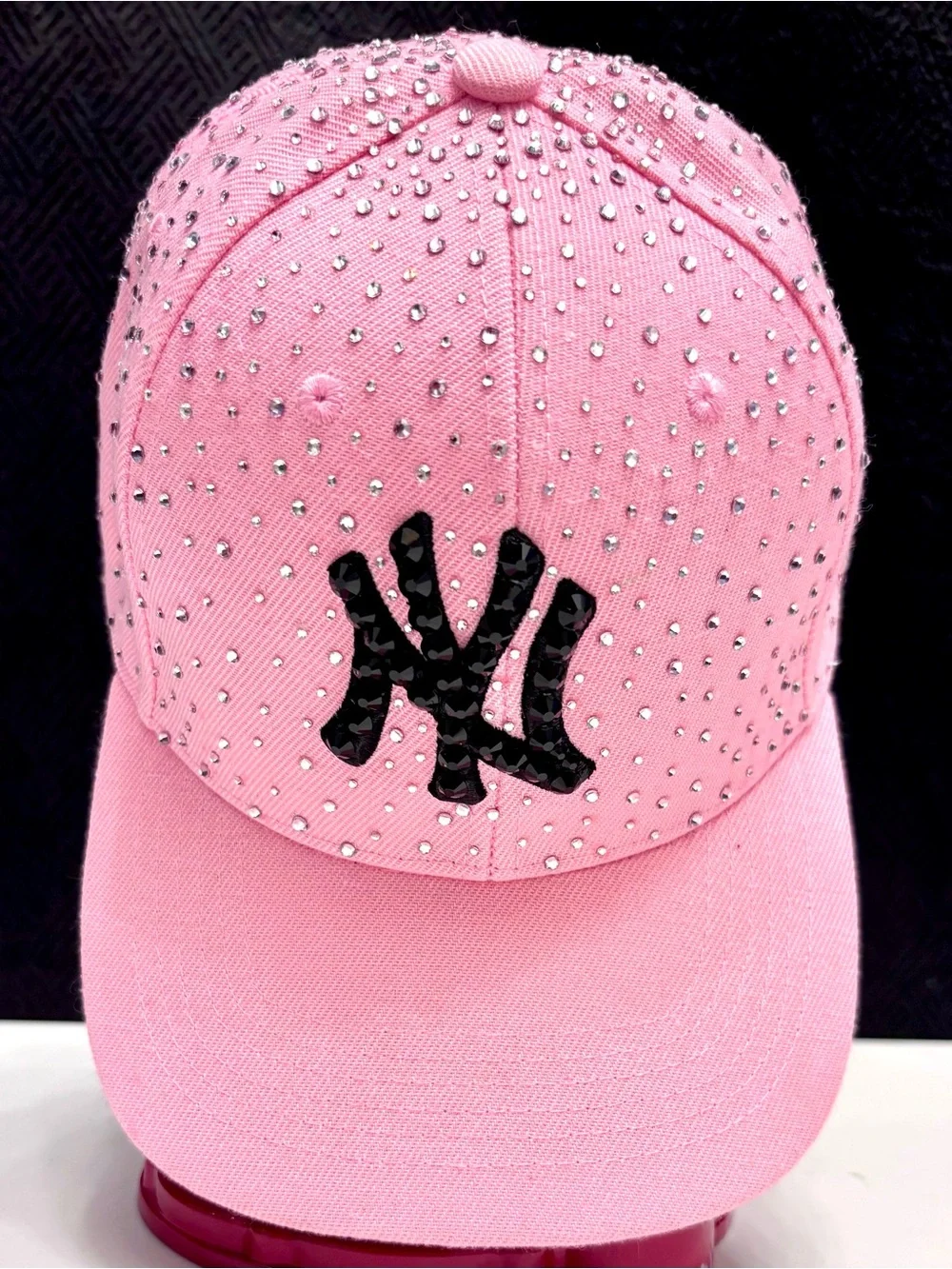 Pink Rhinestone Baseball Cap with Black Rhinestoned Yankees Logo